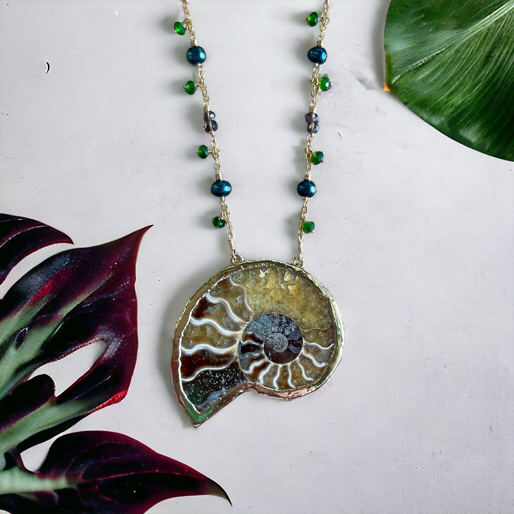 1674 - One of a Kind Gemstone and Nautilus Shell Necklace