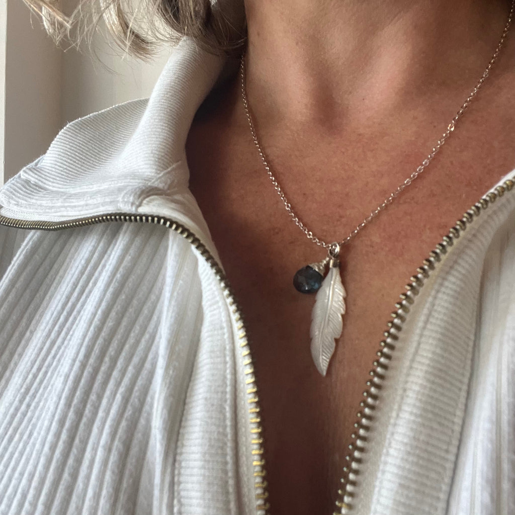 1750-Mother Of Pearl Feather & Gemstone Necklace