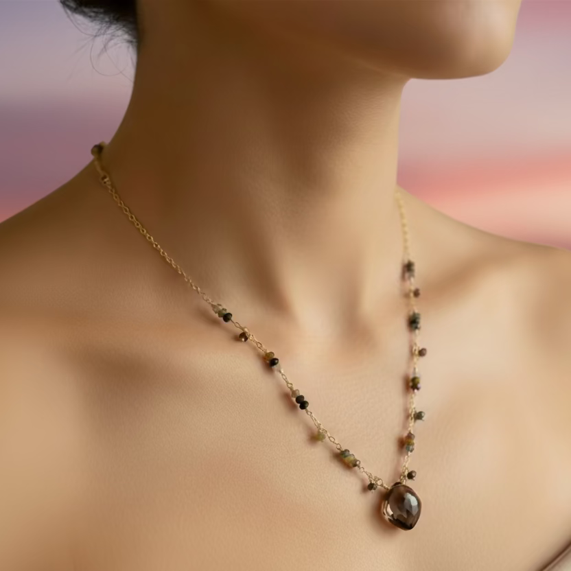 Necklace with a pendant on a person against a sunset background