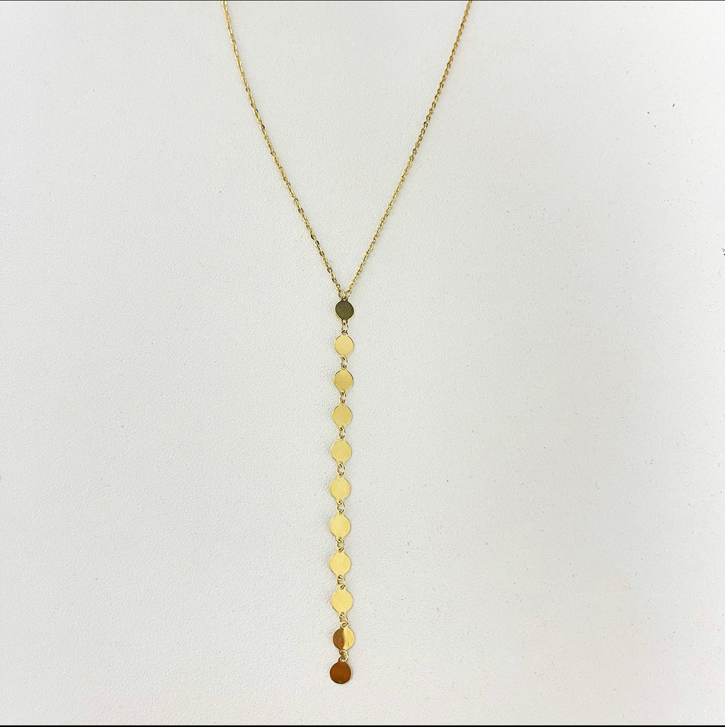 1393 - Solid Gold Y Necklace with Disc Drop