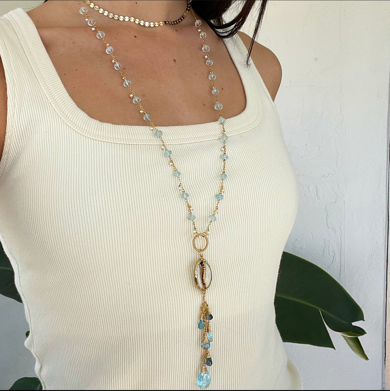 1054 - One of a Kind Cowrie Shell and Gemstone Drop Necklace