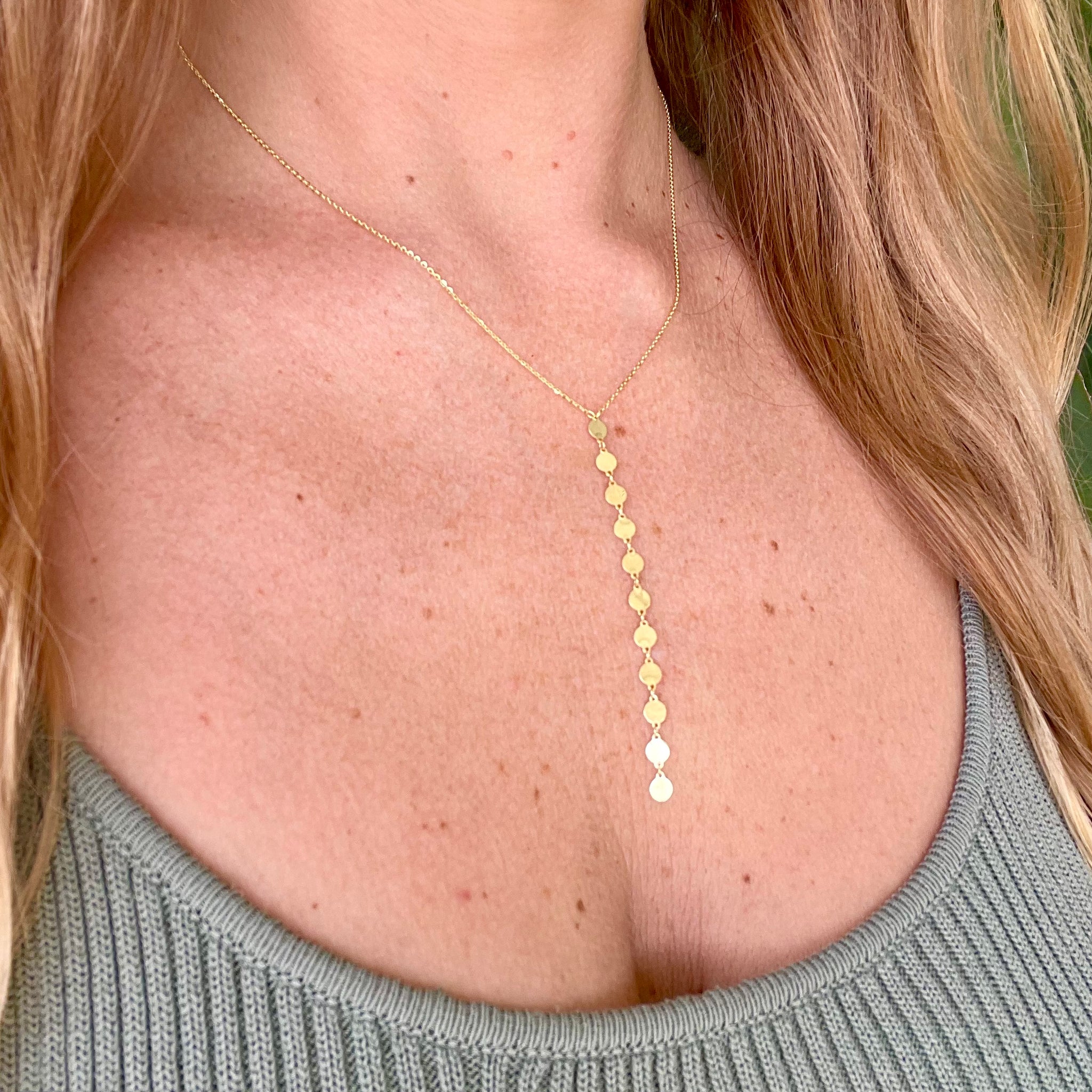 1393 Solid Gold Y Necklace with Disc Drop Elizabeth Sarah