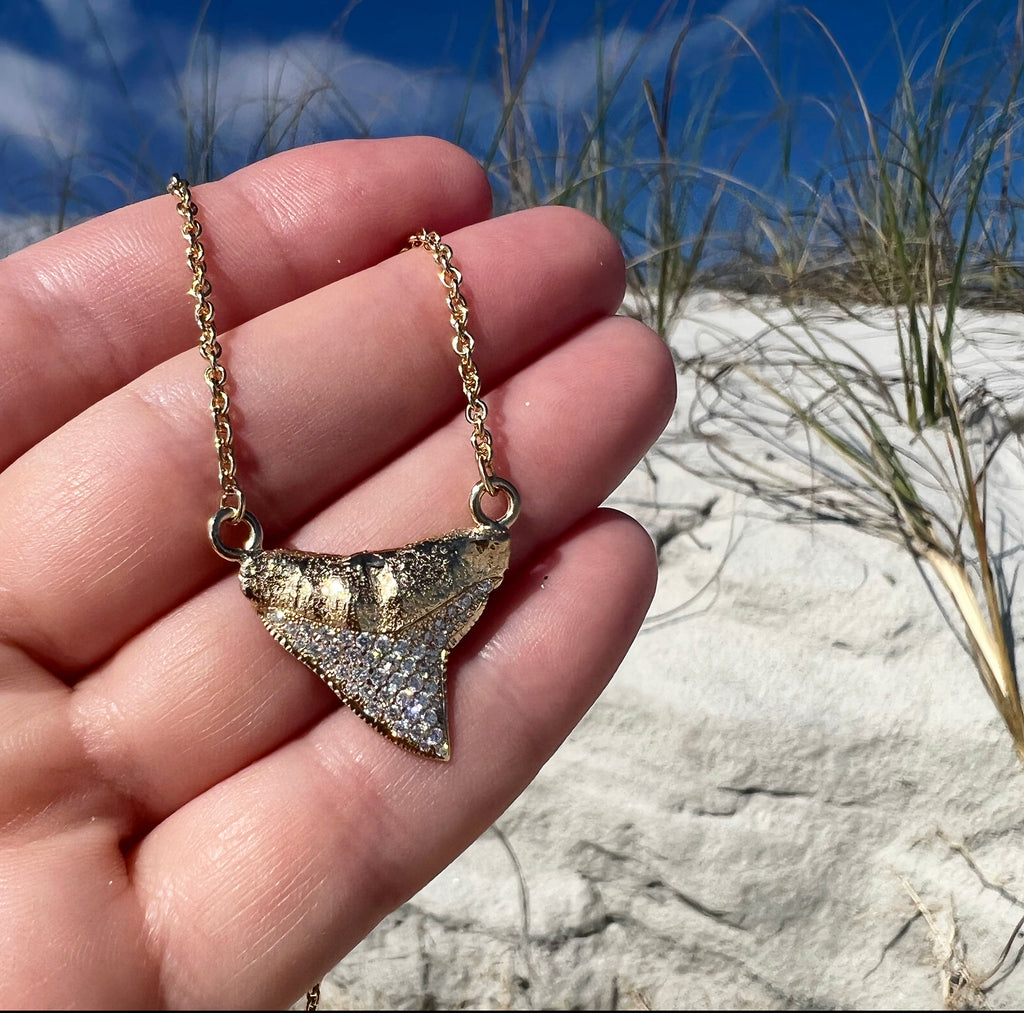 1280 - Solid Gold and Diamond Bull Shark Tooth Necklace